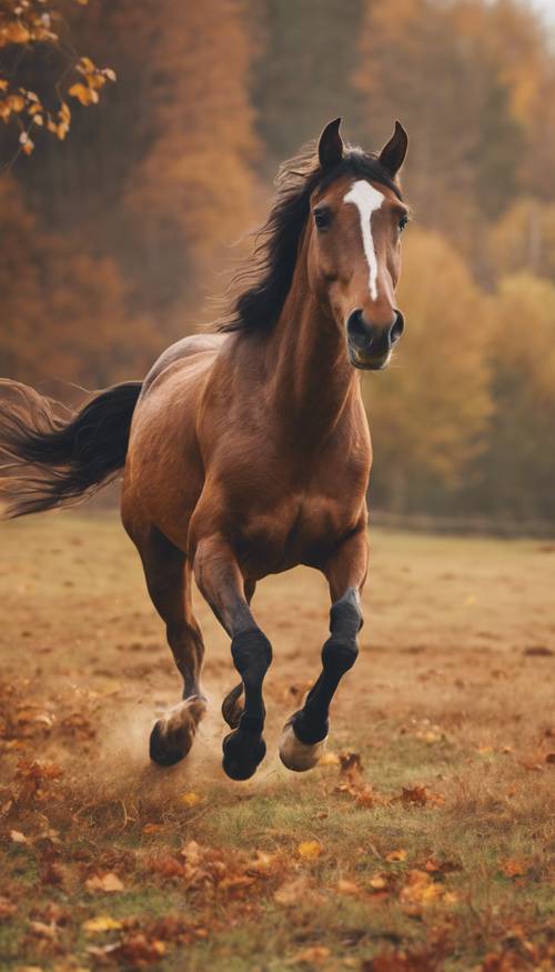 Осенью зрелая коричневая лошадь свободно бегает по просторному лугу.
