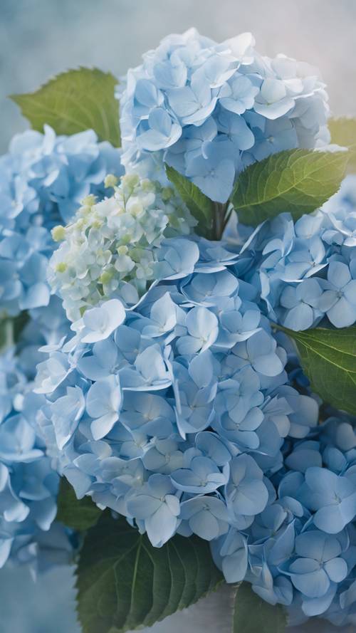 희미하고 꿈같은 상태에 있는 푸른 수국 꽃다발의 추상 예술입니다.