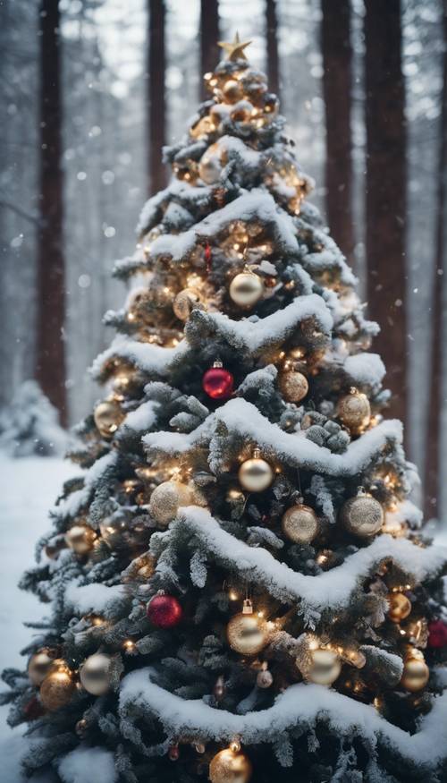 Karla kaplı bir ormanda özenle süslenmiş bir Noel ağacı.