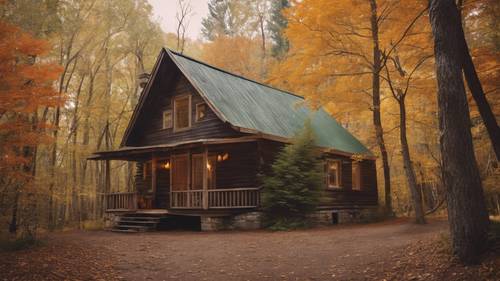 Una imagen de una cabaña tranquila en el bosque durante el otoño con la cita &quot;Serenidad en la soledad&quot;.