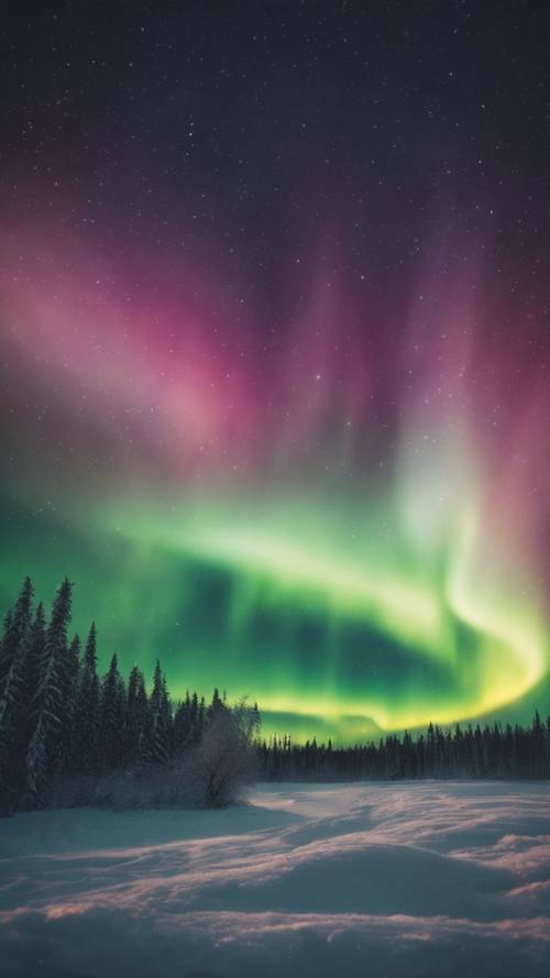 맑은 밤하늘에 눈부신 커튼을 형성하는 형형색색의 오로라의 몽환적인 풍경