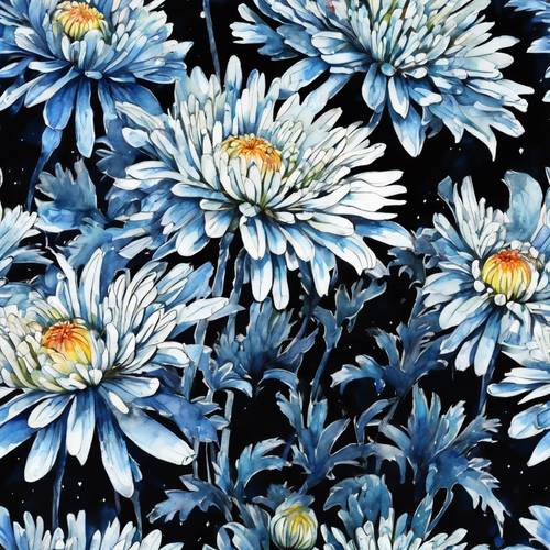 一幅黑蓝色水彩画，描绘的是月光花园中盛开的菊花。
