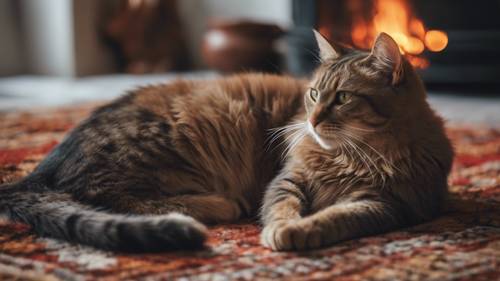 Eine einladende Kaminszene im September mit knisterndem Feuer und einer Katze, die auf dem Teppich ein Nickerchen macht