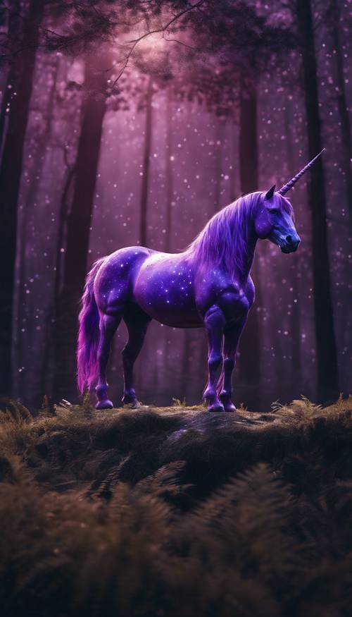 Un majestuoso unicornio púrpura parado al borde de un bosque oscuro a la luz de la luna.