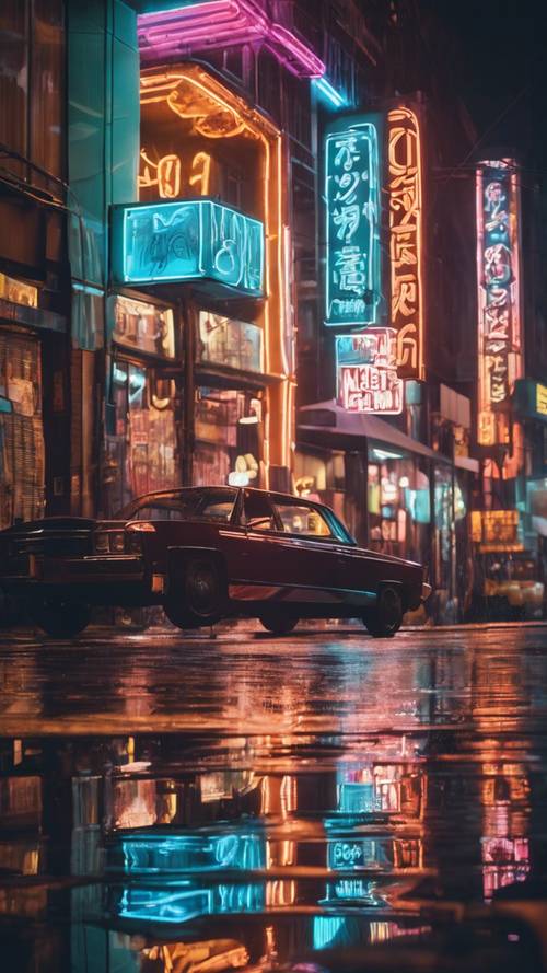Una visione da sogno di insegne al neon riflesse sulle strade umide della città di notte.