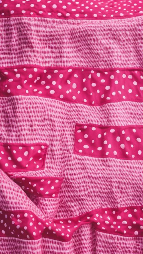 Un vivace motivo a pois rosa sullo sfondo di un grembiule da cucina in cotone in una luminosa giornata di sole.