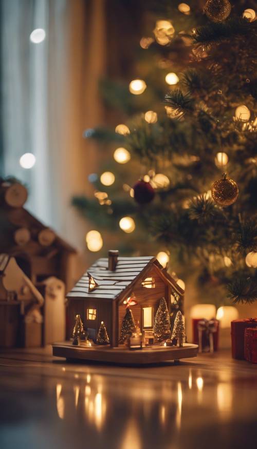 Classici giocattoli di legno fatti a mano sotto un grande albero di Natale, in un accogliente soggiorno illuminato dalla luce tremolante del fuoco.