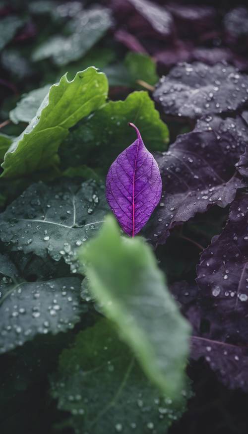Ein einzelnes violettes Blatt sticht vor einem Vordergrund aus herkömmlichen grünen Blättern hervor.