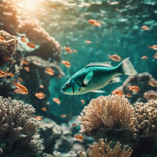 Pemandangan akuatik yang menampilkan sekumpulan ikan berwarna biru kehijauan yang berenang melintasi terumbu karang, terkena pecahan sinar matahari.
