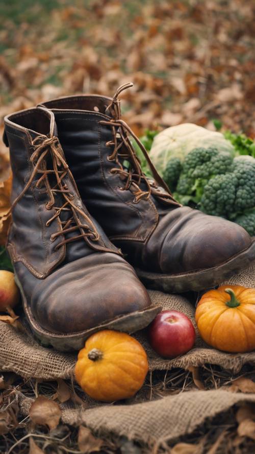一雙破舊的皮靴，旁邊有一袋剛收成的秋季水果和蔬菜。
