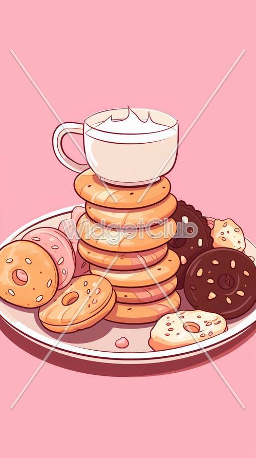 Cute Cartoon Snacks on Pink Background