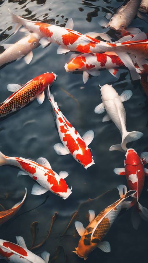 Sakin bir göletteki kırmızı ve beyaz Japon Koi balıklarından oluşan bir koloni, yukarıdan görülüyor ve hafif öğleden sonra güneş ışığını yansıtıyor.