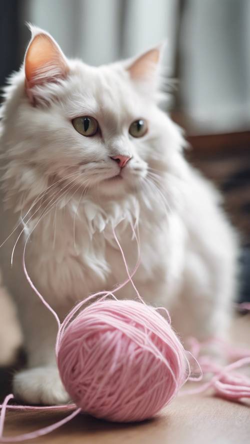 사랑스러운 하얀 고양이가 온통 보풀을 일으키며 분홍색 털실 공을 가지고 놀고 있습니다.