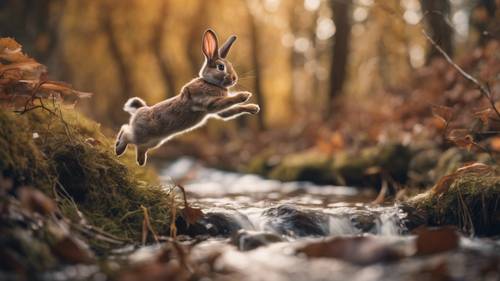 Odważny królik skaczący wysoko nad małym strumieniem w jesiennym lesie.