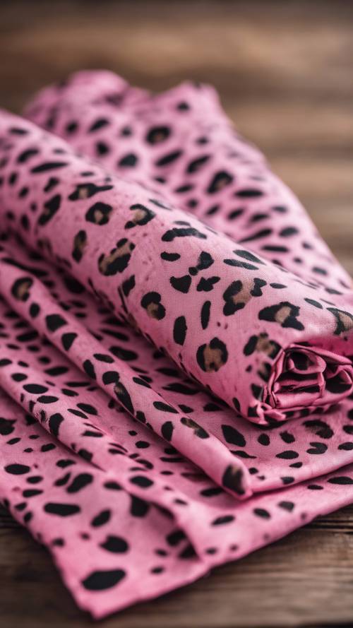 Tela estampada con temática de guepardo rosa, cuidadosamente doblada sobre una mesa rústica de madera.