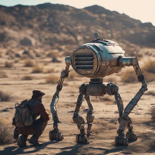 A rugged, futuristic wasteland scavenger inspecting an old relic, his droid companion by his side.