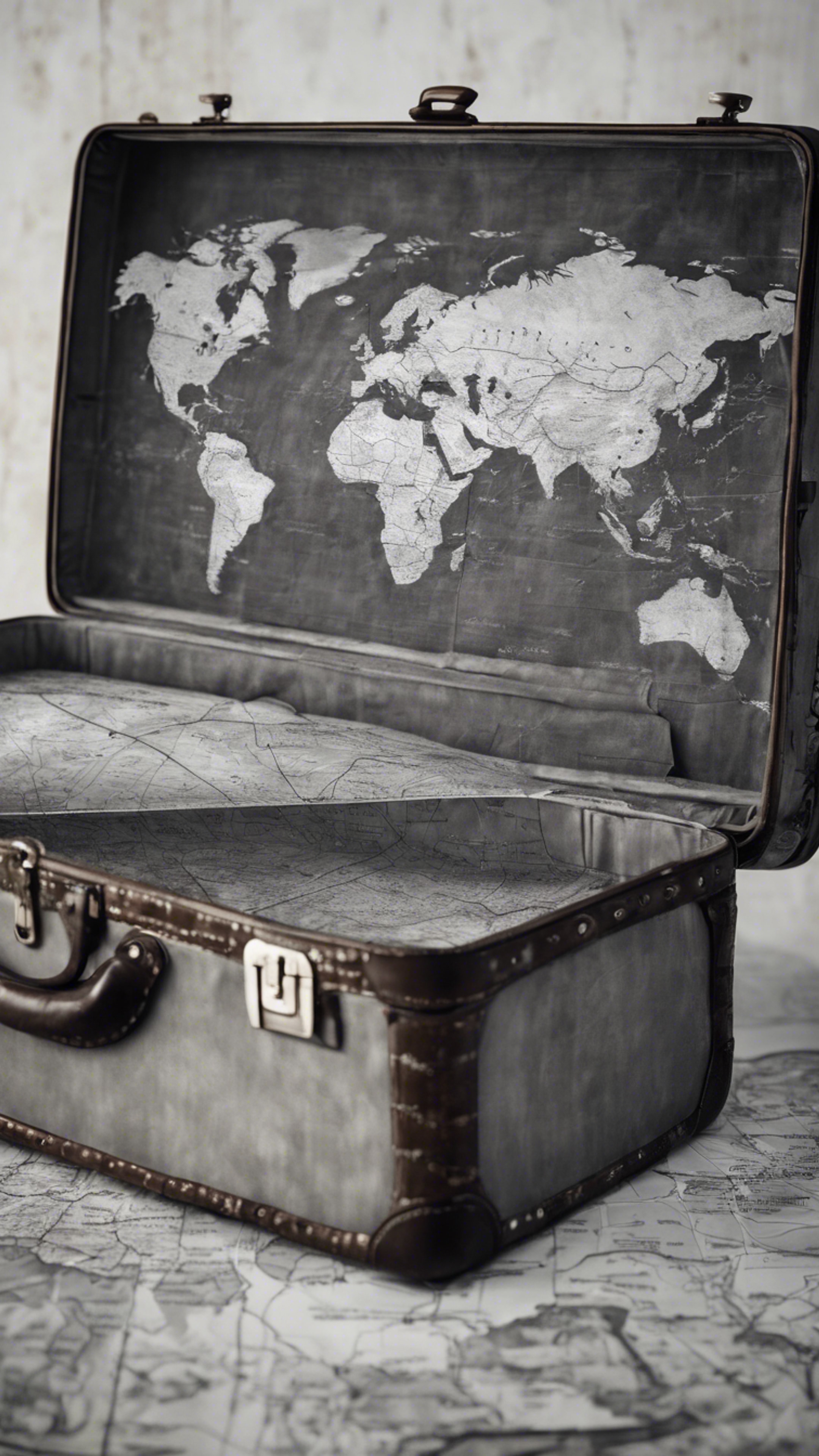 A grayscale world map painted on a vintage suitcase. Tapeta[27f356ac8e6847fe804a]