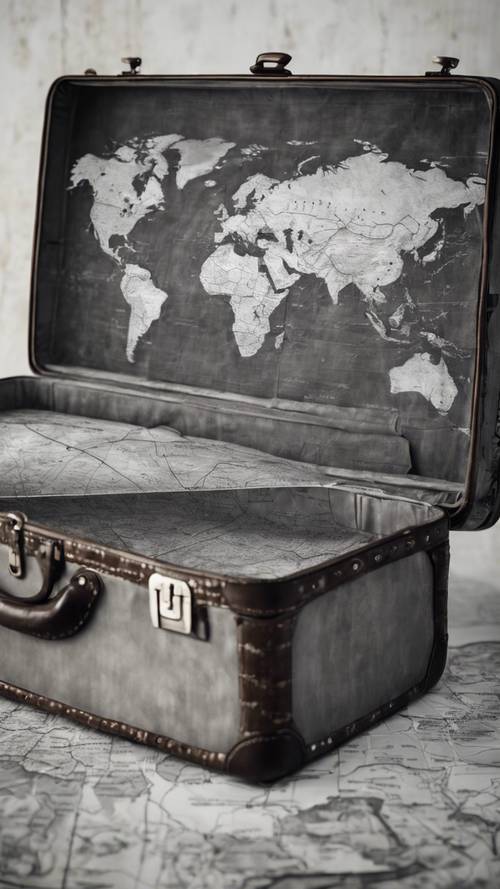 A grayscale world map painted on a vintage suitcase.