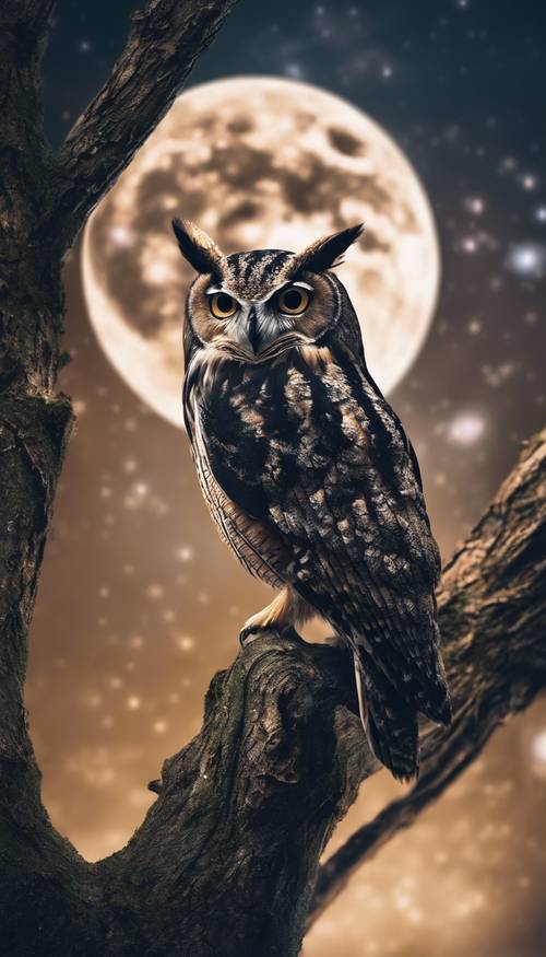 Un gufo notturno appollaiato su un antico albero sotto una mistica notte di luna piena.