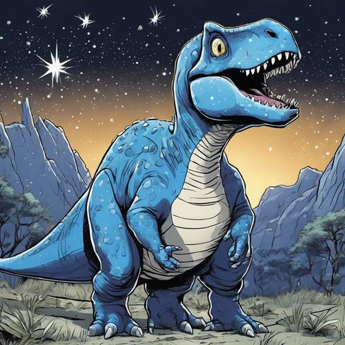 Tontonan malam hari yang mempesona dari seekor dinosaurus kartun biru cemerlang yang menatap langit penuh bintang berkelap-kelip.