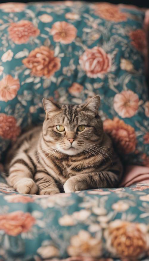 Un simpatico gatto paffuto sdraiato su un cuscino con fantasia a fiori Indie.