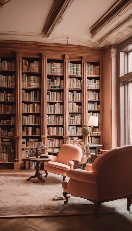 널찍한 목재 책장, 대형 석재 벽난로, 은은한 복숭아색 천으로 덮은 안락의자가 있는 프레피한 도서관 장면입니다.