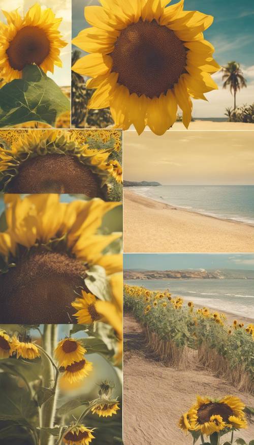 Un collage a tema estivo con girasoli gialli e spiagge Sfondo [e6add5f30e544371a035]