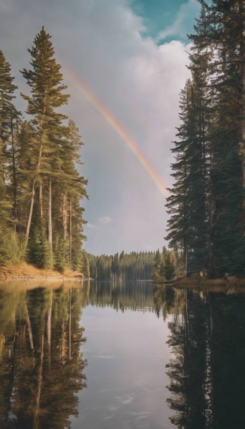 Neutral-colored rainbow reflecting on a clear lake surrounded by tall evergreen trees.