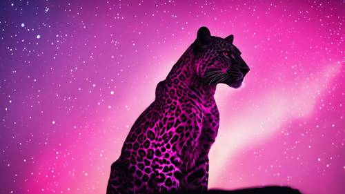 A silhouette of a pink leopard under the iridescent aura of the Northern Lights.