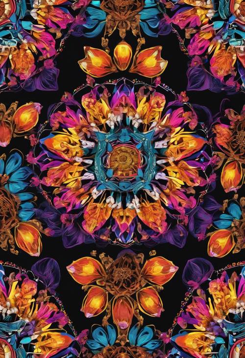 Un vibrante patrón de mandala floral con colores en tonos joya sobre un fondo negro.