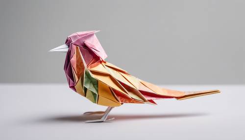 An intricate origami bird crafted from textured, multicolored paper, sitting in a white backdrop