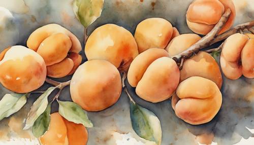 Акварельная картина абрикосов с мягкими оттенками оранжевого и желтого.