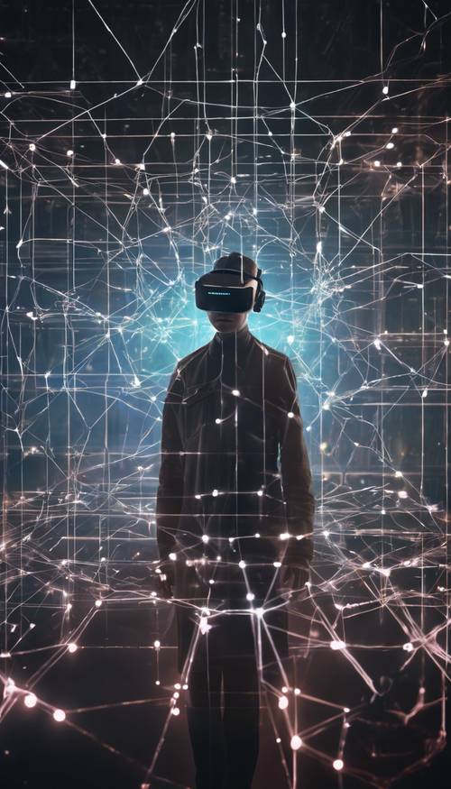 An eerie scene of a person interacting with a holographic interface, immersed in a complex network of virtual reality, reminiscent of an episode from Black Mirror. Taustakuva [a87a620da013444e8bb1]