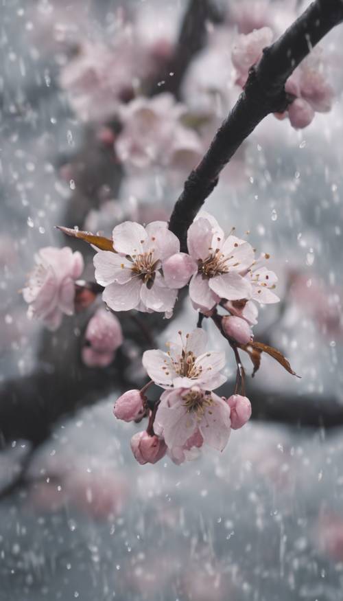 Un delicado cerezo gris que arroja sus pétalos de color plomo bajo la suave lluvia primaveral.