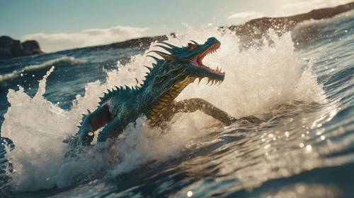 Bir dalganın içinden fırlayan bir su ejderhası, pulları sahilin güneş ışığında parlıyor.