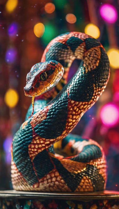 A jester painted snake playfully wound around a harlequin-patterned pedestal, under the bright circus lights.