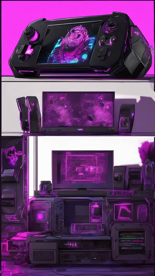 A black gaming console, decorated with purple decals, in a dimly lit room.