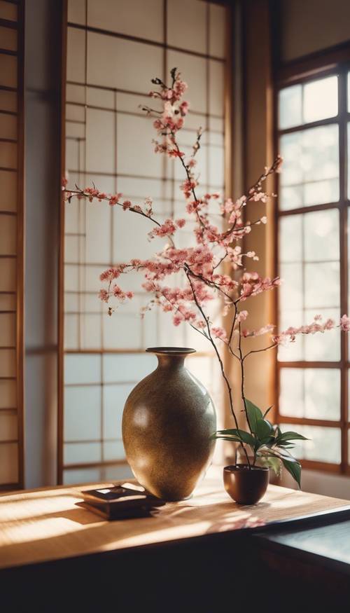 Quarto em estilo japonês vintage com um vaso de ikebana no canto.