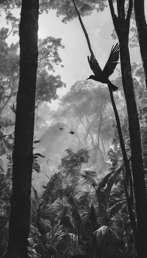 Monochromatyczna grafika przedstawiająca dżunglę przedstawiająca ptaka w locie wśród koron drzew.