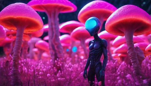 Alien neon nakal berdiri di tengah ladang jamur fluoresensi di planet asalnya