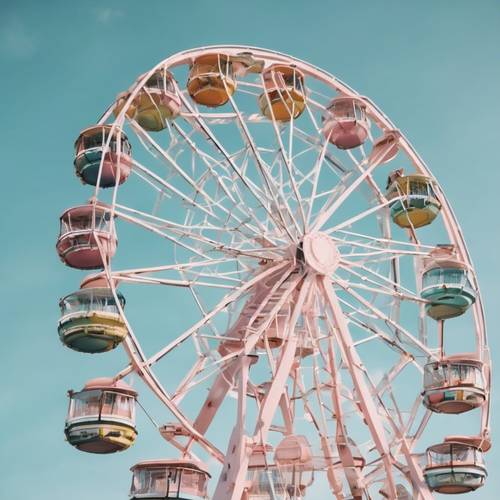 A cool pastel colored ferris wheel against a clear blue sky.