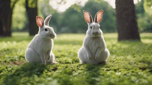 Um coelho preocupado com a saúde praticando ioga em um parque calmo e verde.