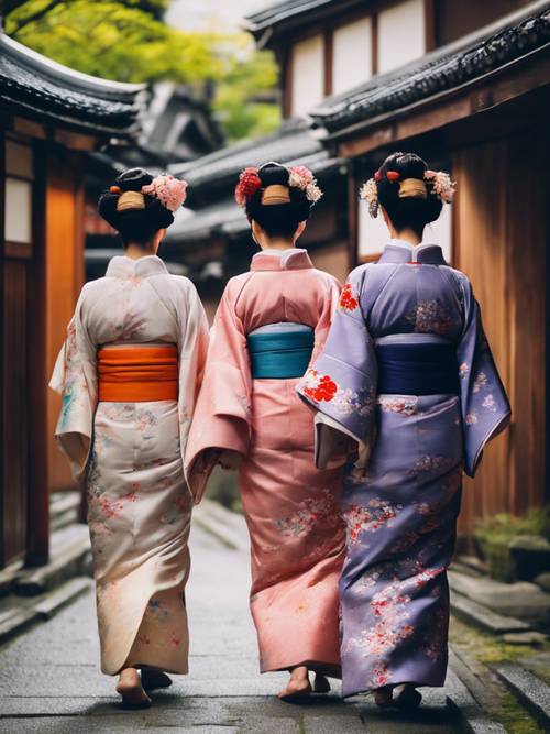 Geishas in traditional kimonos walking down an ancient street in Kyoto.