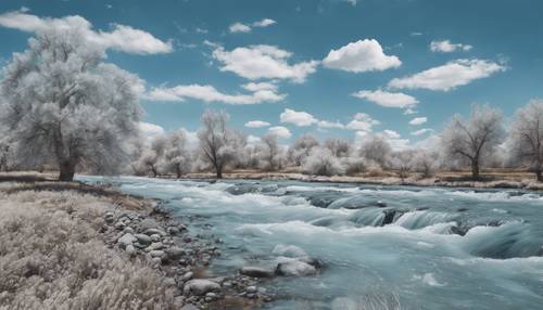 Ein quecksilberner Fluss fließt unter einem babyblauen, gewölbten Himmel vorbei, alles in einem künstlerischen, nahtlosen Muster dargestellt.