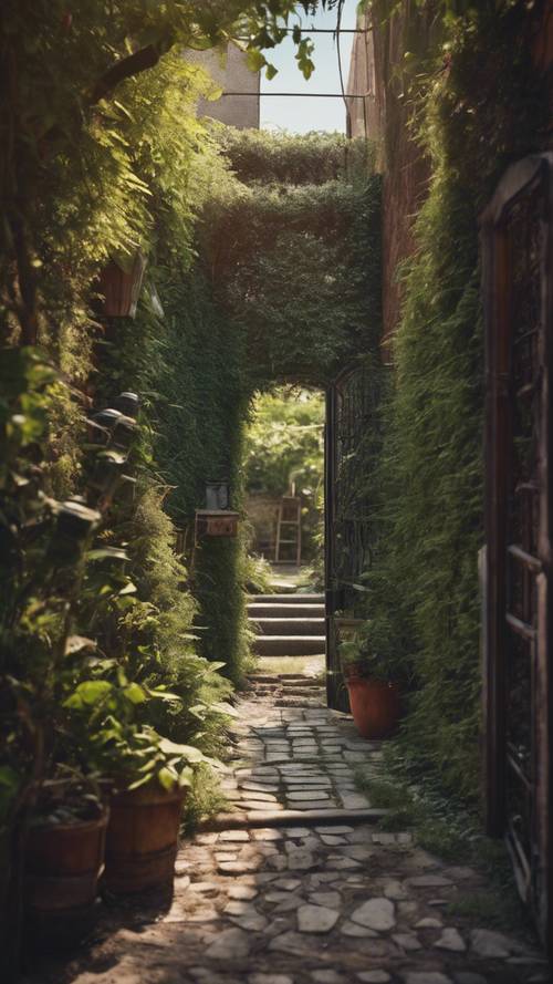 A secret alleyway entrance leading to a hidden garden paradise.