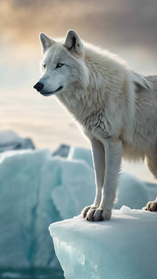 Um lobo branco de alabastro no topo de um iceberg íngreme, olhando para um dramático nascer do sol no Ártico.
