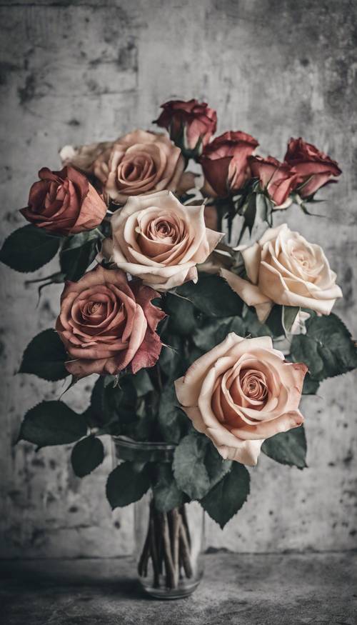 Un bellissimo bouquet di rose monocromatiche sbiadite assortite contro un muro di cemento.