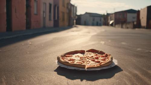 A solitary pizza slice casting a long shadow in an eerily deserted town.
