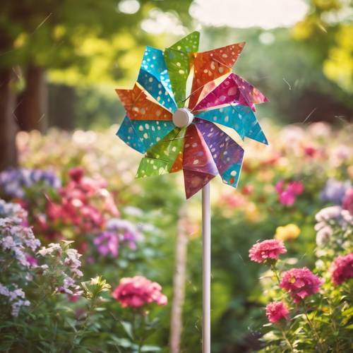 Çiçek açan bir yaz bahçesinde neşeyle dönen renkli bir kağıt yel değirmeni.