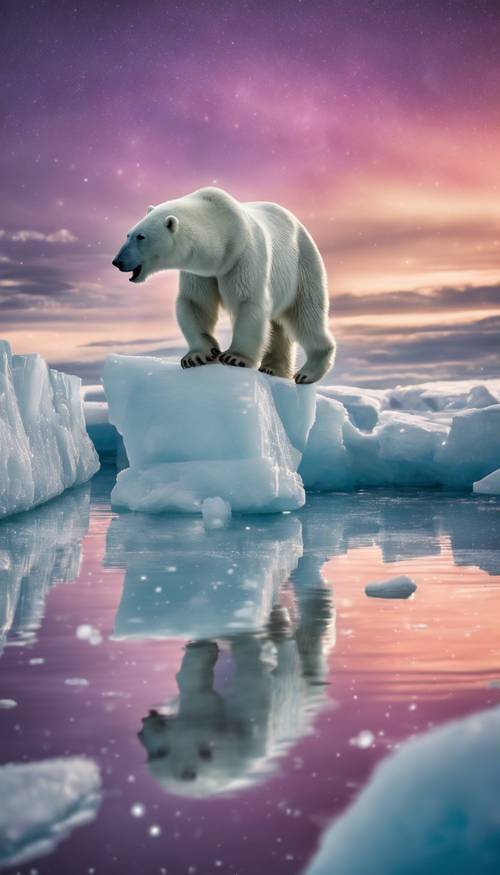 Un majestueux ours polaire sautant entre les banquises sous les aurores boréales.
